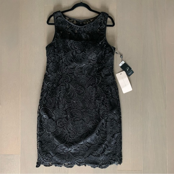 Adrianna Papell Black Illusion Neckline Lace Sheath Dress - Picture 3 of 12